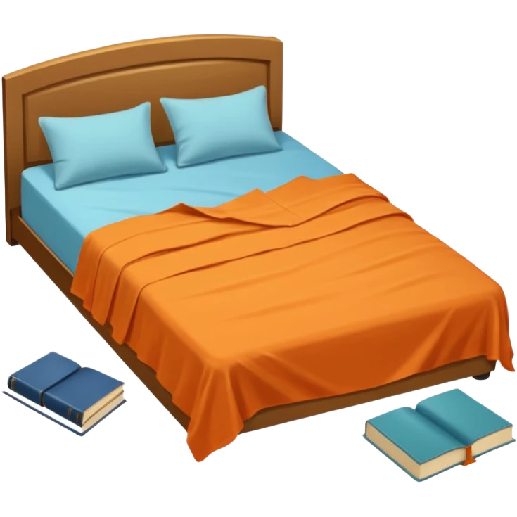 bed with a wrinkled light blue blanket, cream mattress, and one pillow out of place on the floor. Around the bed, scattered items include an orange t-shirt, greenish-blue pants, and an open book on the floor. The background is transparent emoji