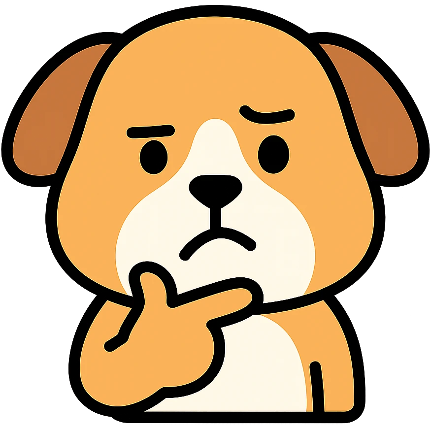 cute brown and white dog with a thinking face emoji