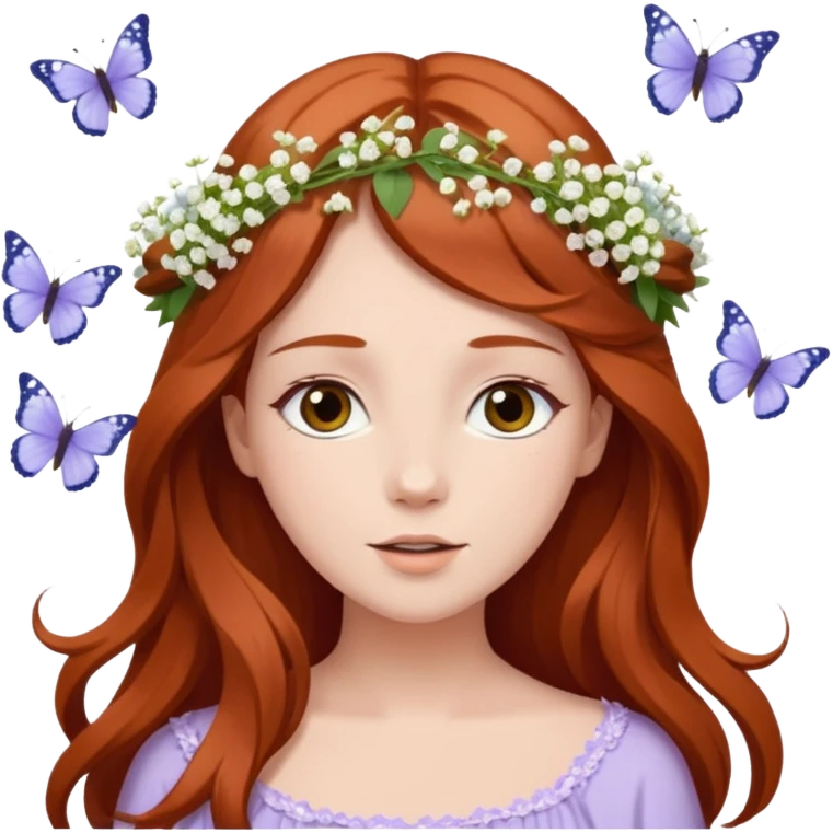 Woman with long flowing auburn hair wearing a flower crown with pale lavender flowers and white baby's breath in it and butterflies flying around it emoji