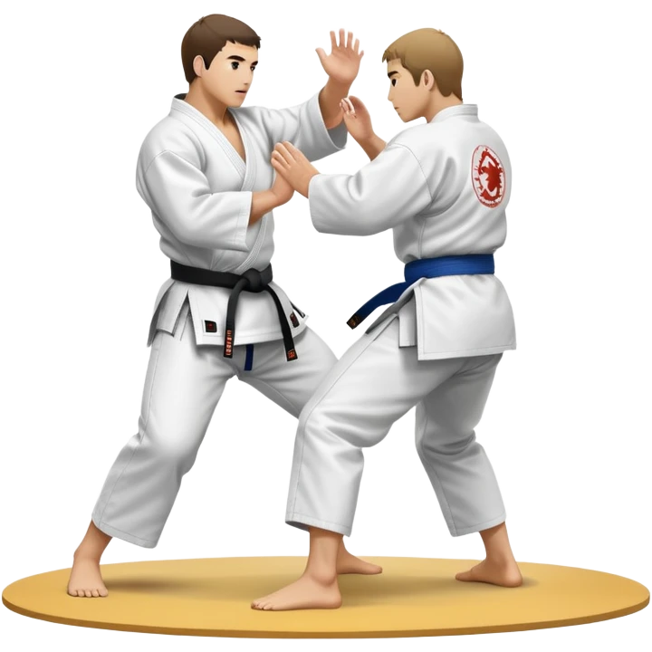 Two judo practitioners in traditional gi, one executing a powerful throw while the other is countering with a defensive move. The background features a judo mat and a focused dojo atmosphere. Transparent background highlights the precision and technique of judo. emoji