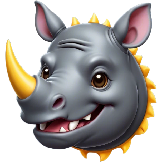 Cinematic Comical Rhinoceros Portrait Emoji, Head tilted dramatically with an exaggeratedly amused expression, featuring a striking, glossy slate-gray hide with a boldly textured horn, wide, expressive eyes filled with playful disbelief, Simplified yet hilariously expressive features, highly detailed, glowing with a slightly sassy glow, high shine, dramatic yet playful, stylized with an air of cheeky wild mischief, bright and endearing, soft glowing outline, capturing the essence of a spirited and over-the-top rhinoceros, so meme-worthy it feels like it could charge its way into internet fame instantly! emoji
