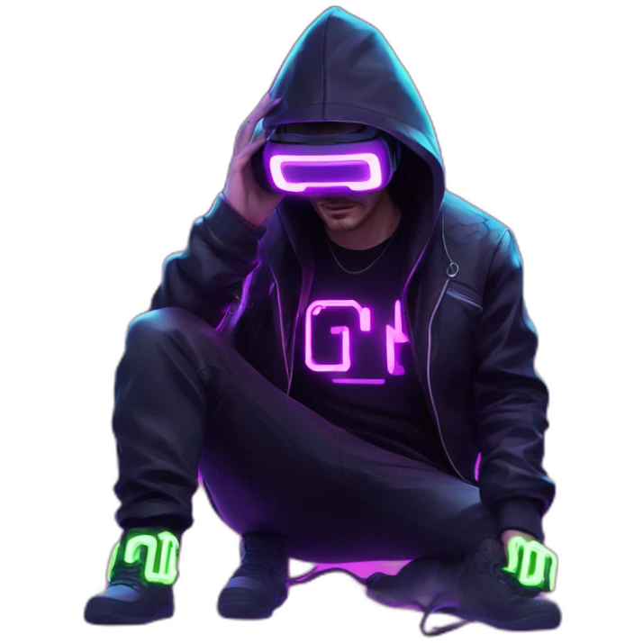 Russian man wearing a black hoodie with "OMG" letters on it and VR headset in a cyberpunk VR environment with violet neon lighting. emoji