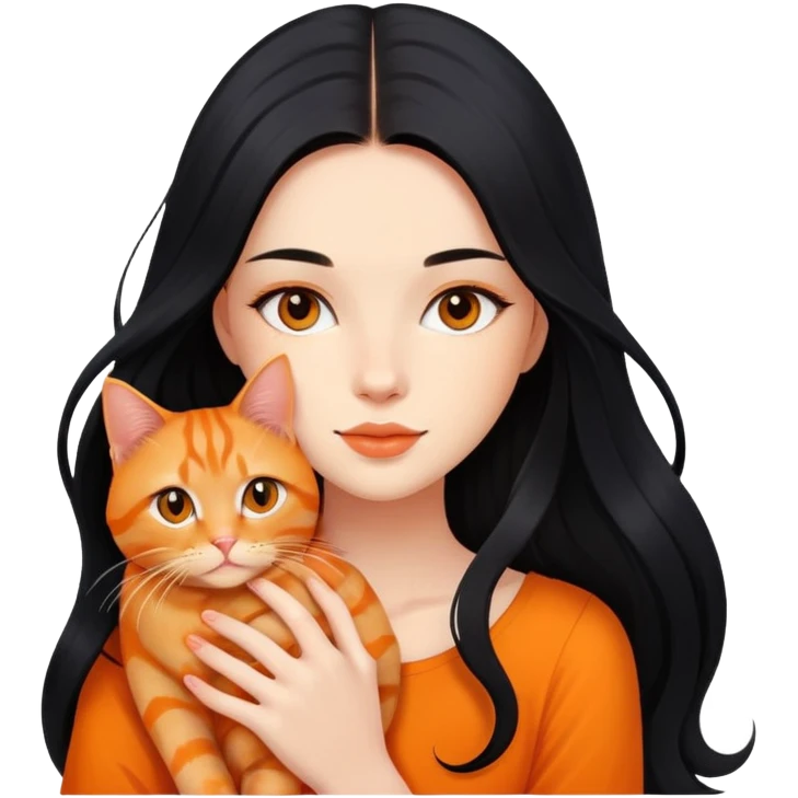 beautiful girl with long flowing black hair holding an orange ginger cat emoji