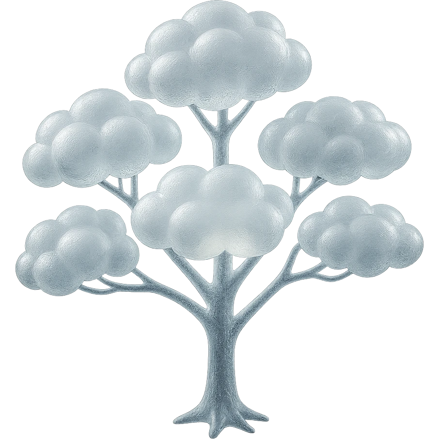 one tree with many branches and a white trunk, crown made of small very bright white fluffy convex clouds, matte glass style emoji