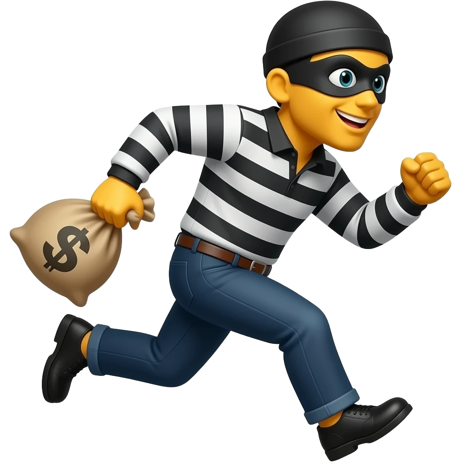Generate a burglar emoji with with yellow skin that runs with a bah of money and make it in the graphic style of this emoji 🧍put less shading and make it more like that 🧍 and make the mask go more up on his face and make it in this style 💰🥷 make it more simple like this 🧍 emoji