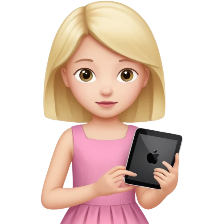 kid girl hold a tablet, pink dress emoji