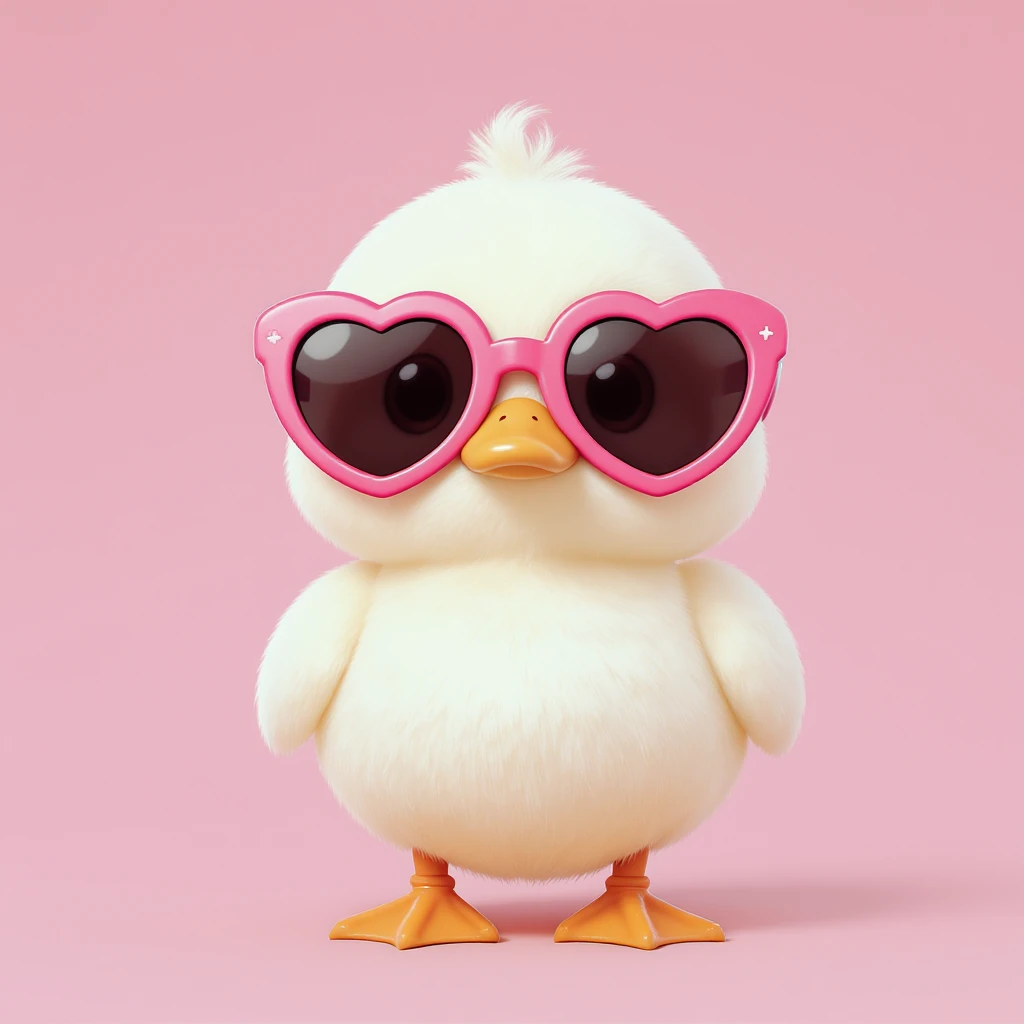 3D iOS 18 style illustration of a cute white duck standing upright, wearing large pink heart-shaped sunglasses, with an orange beak and feet, on a soft pastel pink background, inspired by the reference image emoji