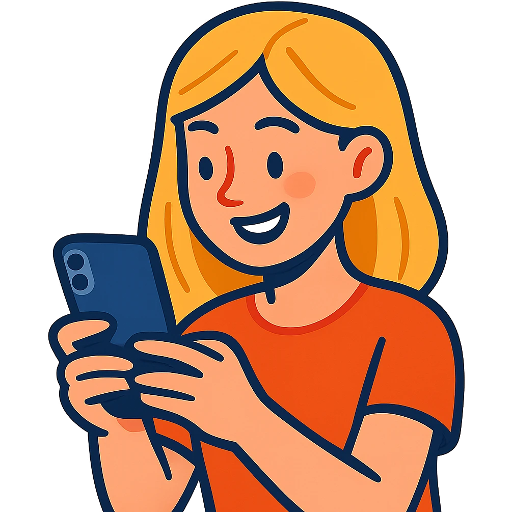 blonde girl typing SMS on iPhone, modern style, light hair, smiling, holding phone, neutral background, no text emoji