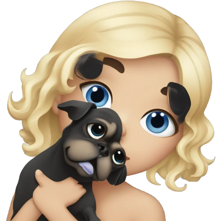 Girl with wavy blonde hair and blue eyes kissing a black pug emoji