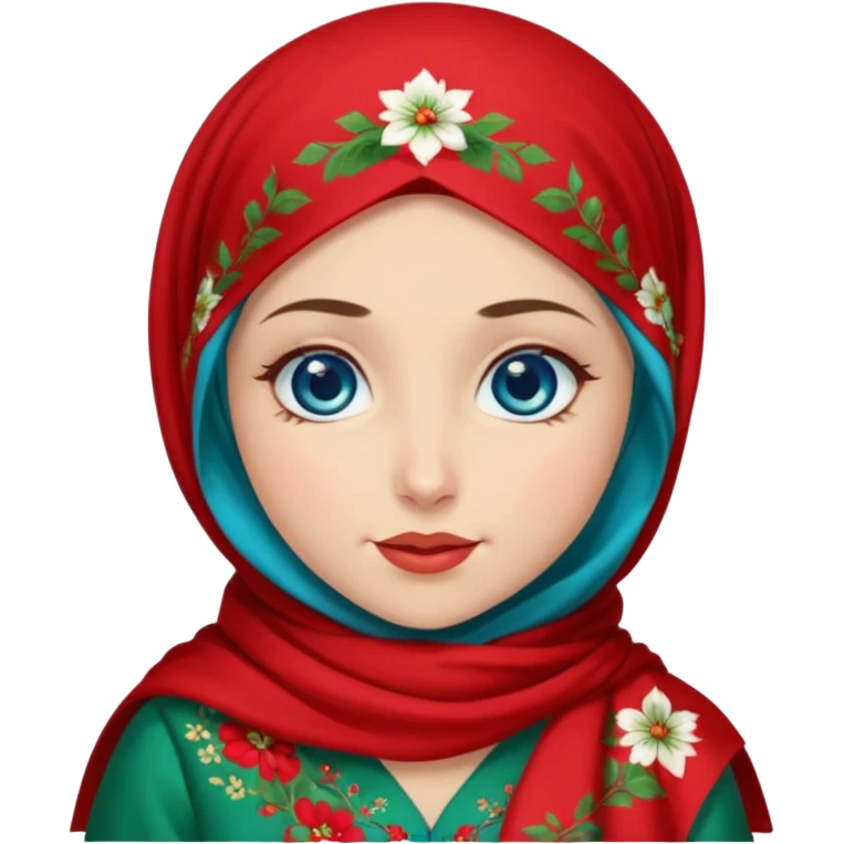 Turkish beautiful finish Konya girl blue eyes with red floral hijab and green red dress and she winked  emoji