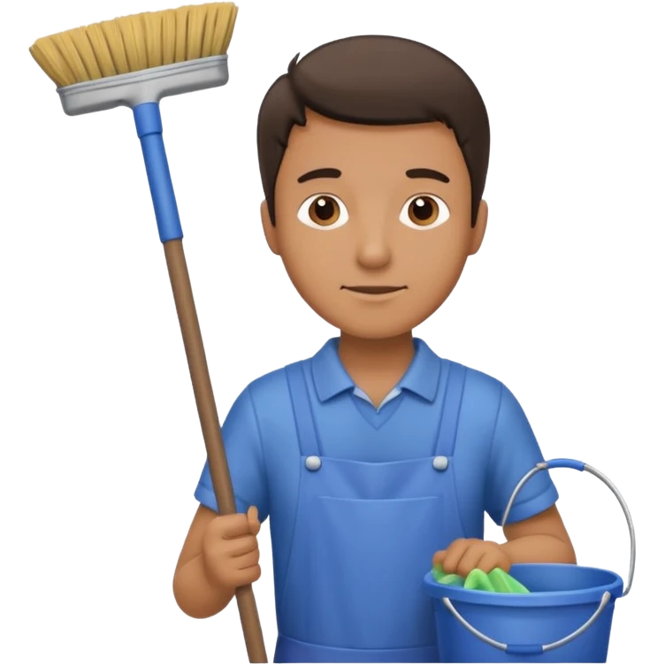 man in cleaning clothes, holding a broom and a bucket emoji