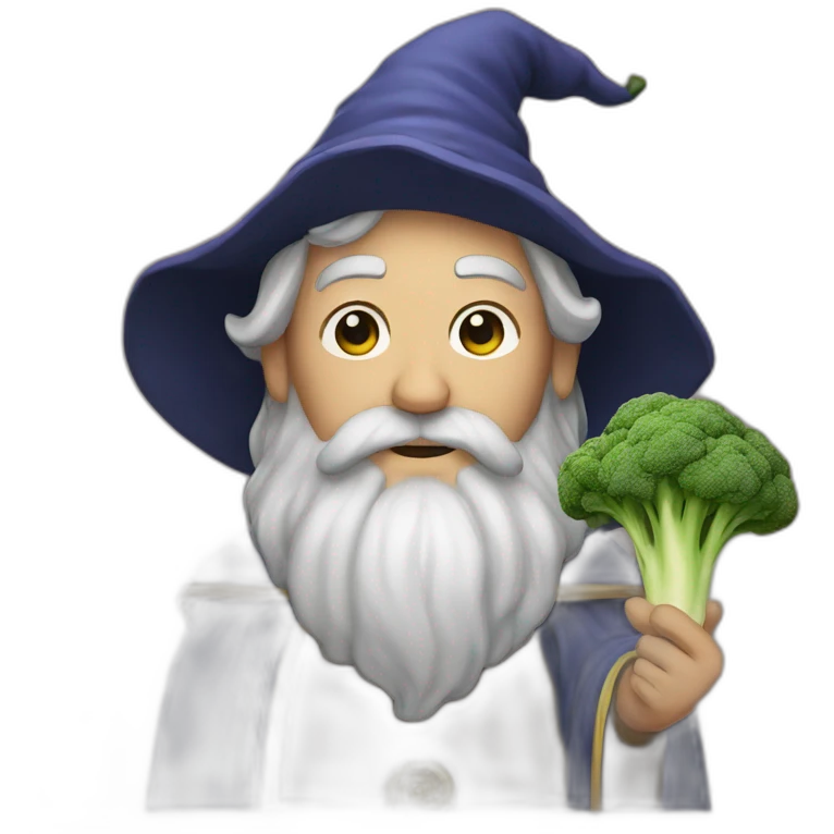 A wizard holding a broccoli emoji