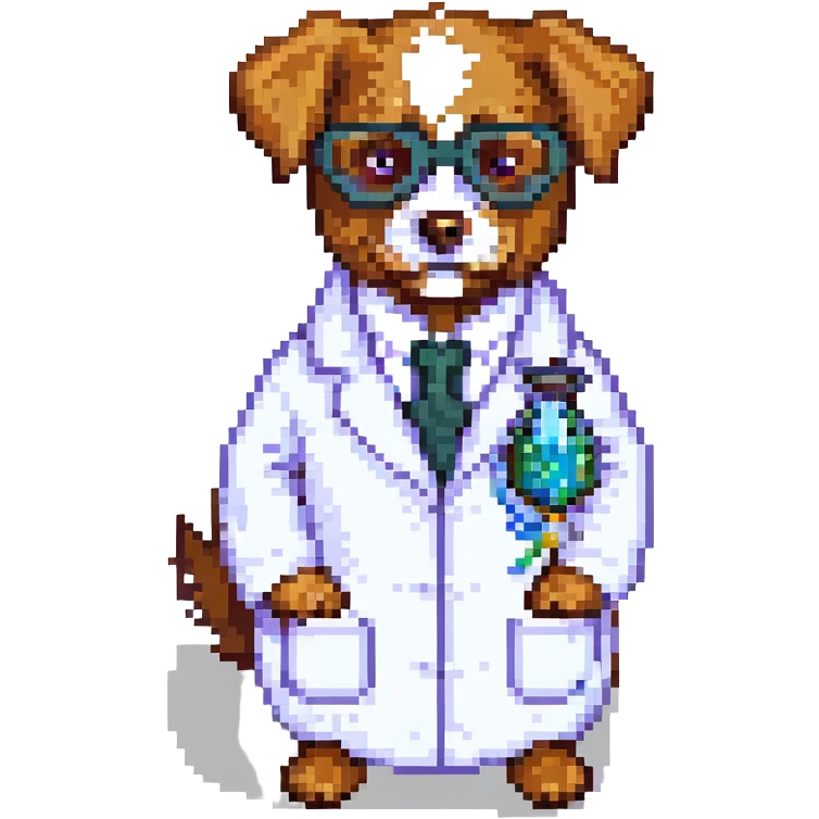scientist dog pixel art style, wearing a lab coat and glasses, transparent background emoji