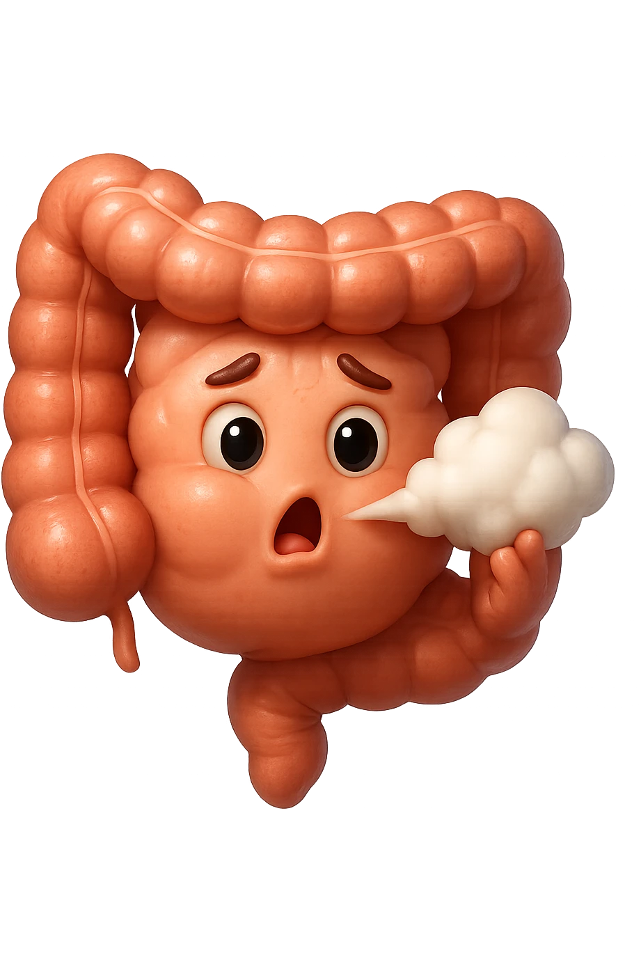 emoji stile iphone di un intestino che ingoia una nuvoletta di aria ben visibile e gli si gonfia la pancia, non fargli il naso, iperrealistico 4k emoji