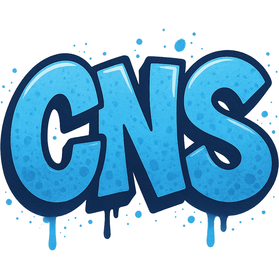 Сделай голубое граффити с надписью "CNS" в стиле emoji iOS без фона emoji