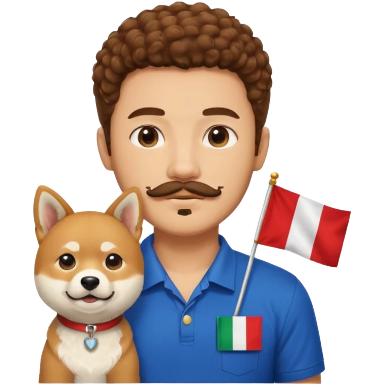 Italy flag shirt boy with mustache beard brown curly hair next to Shiba Inu emoji