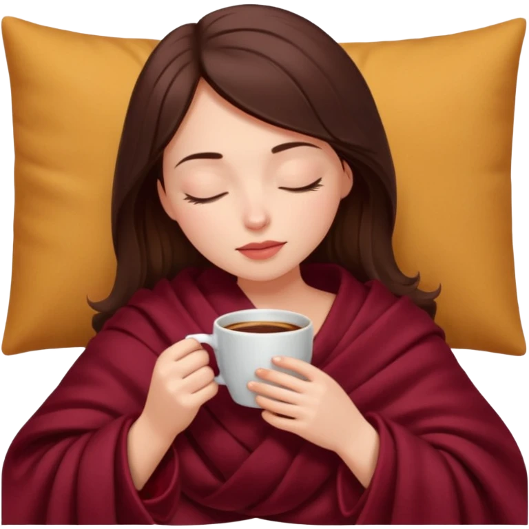 Brunette girl inside a burgundy blanket sipping coffee eyes closed emoji