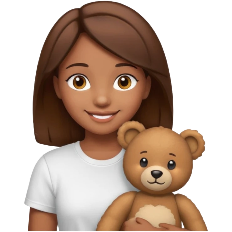 A Girl with Brown hair and Brown eyes with a t-shirt White. The t-shirt have dels a Teddy bear emoji