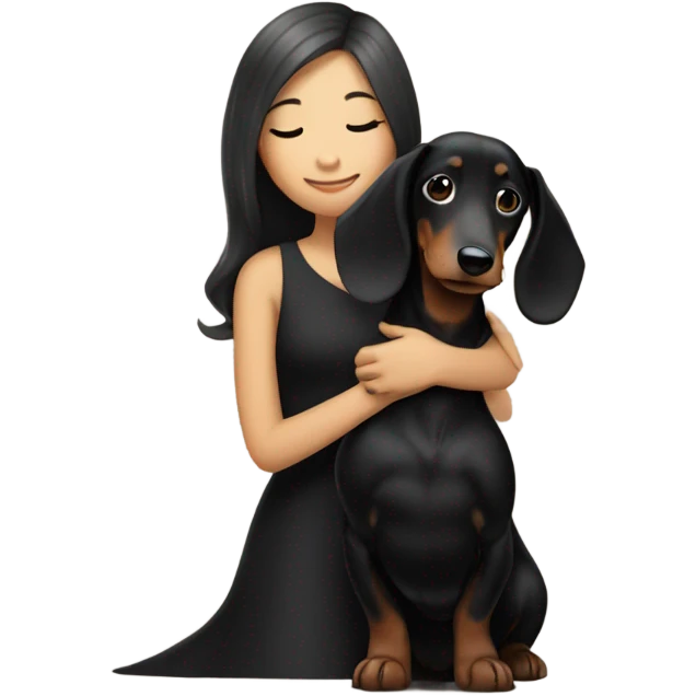 an Asian girl with long hair, wear black dress, hugging a black and tan long haired dachshund emoji