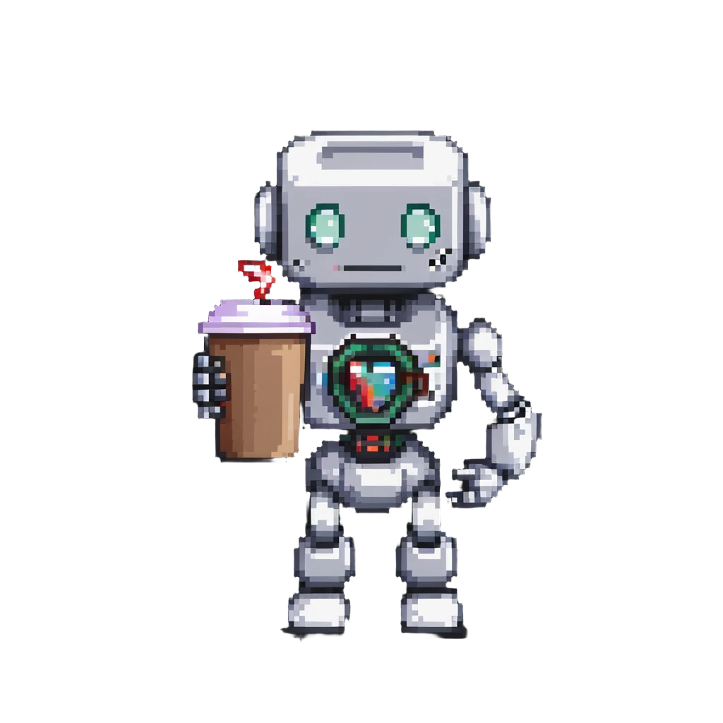 A robot character holding a coffee mug emoji
