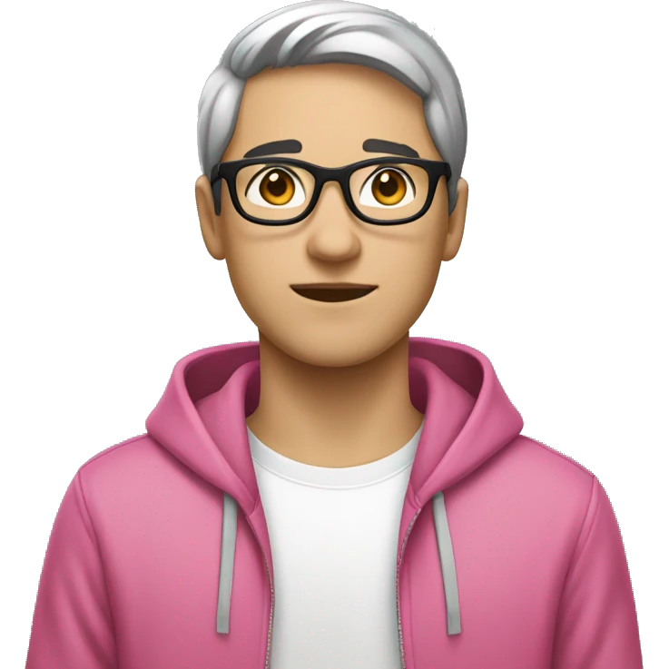 young guy with white skin, short black hair and rounded silver glasses with a pink hoodie on emoji
