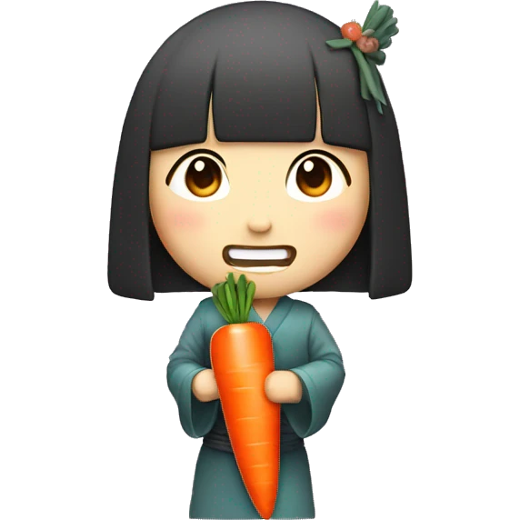 Japanese girl with dagger teeth holding a carrot emoji