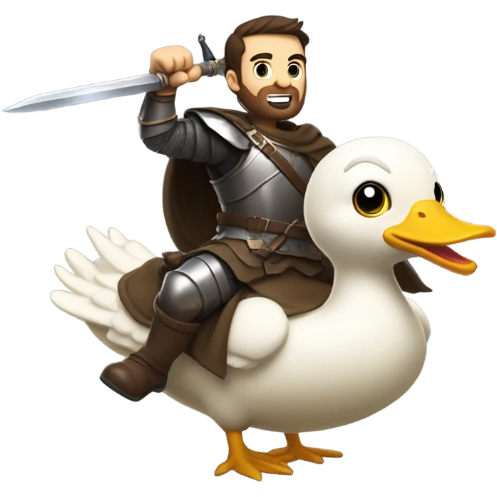 Confident armored White Man with dark brown hair and a short beard pointing forward with one arm holding a sword and yelling a battle charge while riding on the back of a giant duck emoji