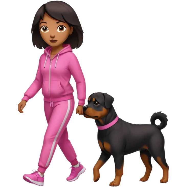 African american woman in all pink tracksuit walking big Rottweiler dog emoji