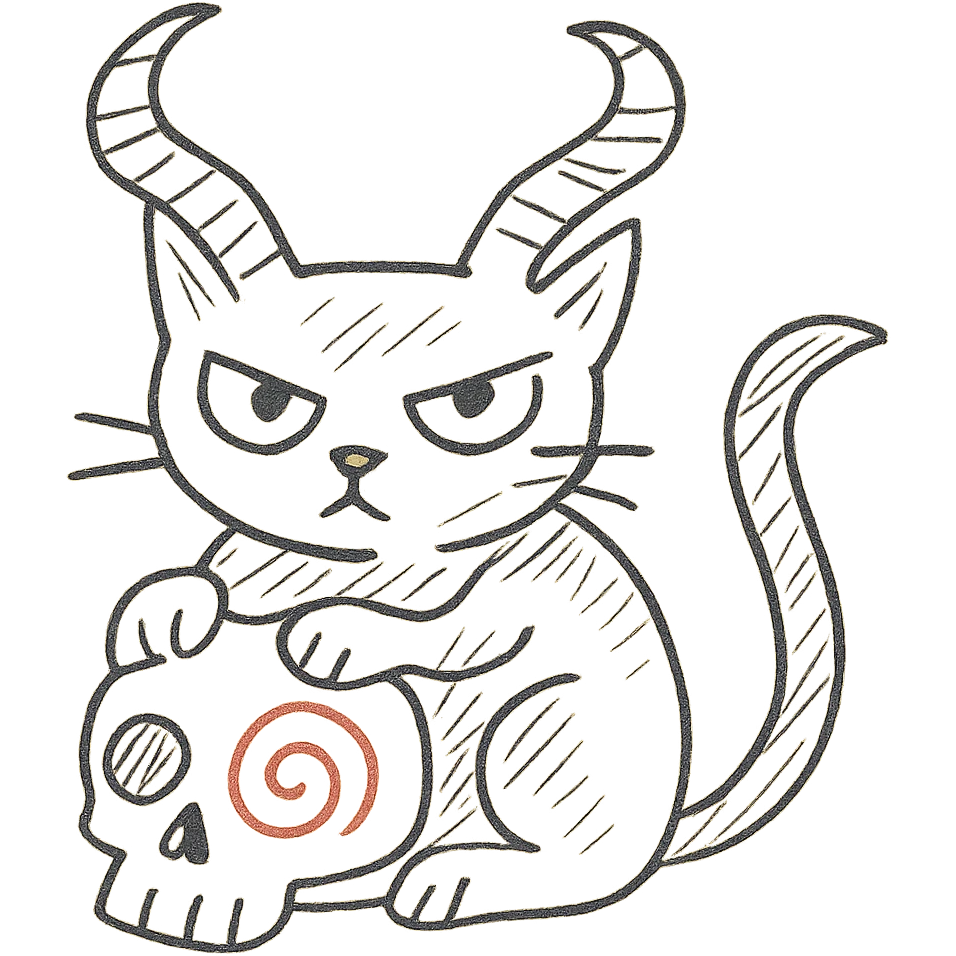 Add a black cat with large, twisted demon horns, front paws on the skull, hand drawn style with dynamic outlines, no fill, preserve the red spiral on the cheek, transparent background. emoji