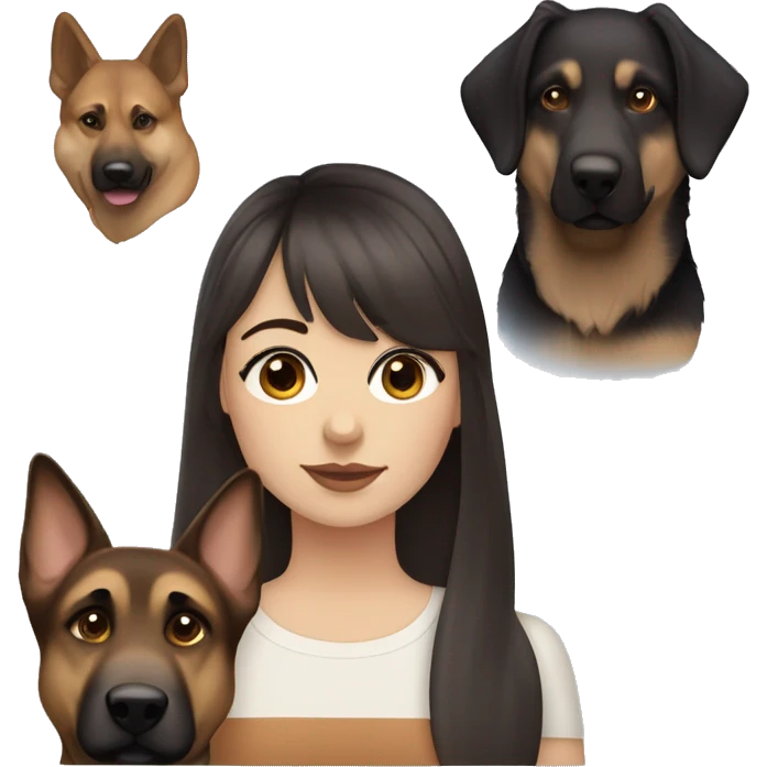 girl with dark brown hair, bangs, blue eyes and soft brown lips, fair skin and a German Shepherd dog emoji
