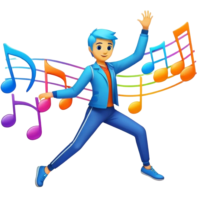 An icon showing vibrant musical notes and rhythm bars, inspired by Muse Dash. The design features colorful, dynamic elements flowing in sync with the beat, with a character dancing in the background. Bright, energetic visuals emphasize the excitement of rhythm-based gameplay. Transparent background. emoji