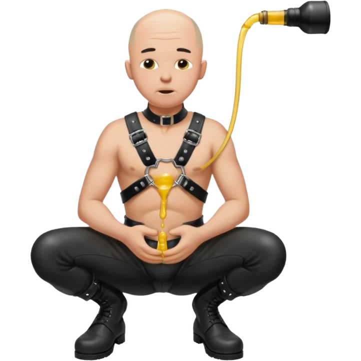submissive bald man on his knees in a black leather harness standing man in leather, pouring piss down his throat emoji