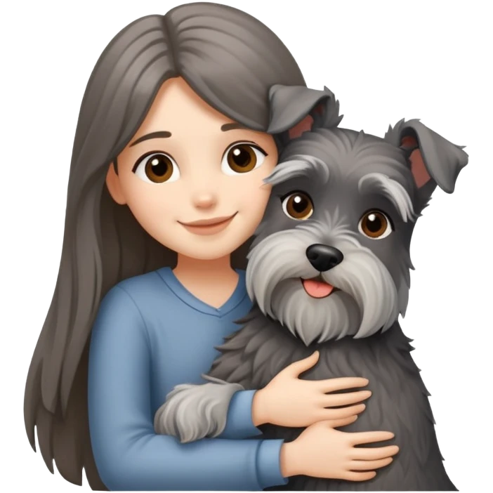A black long-haired girl happily hugs a Schnauzer emoji