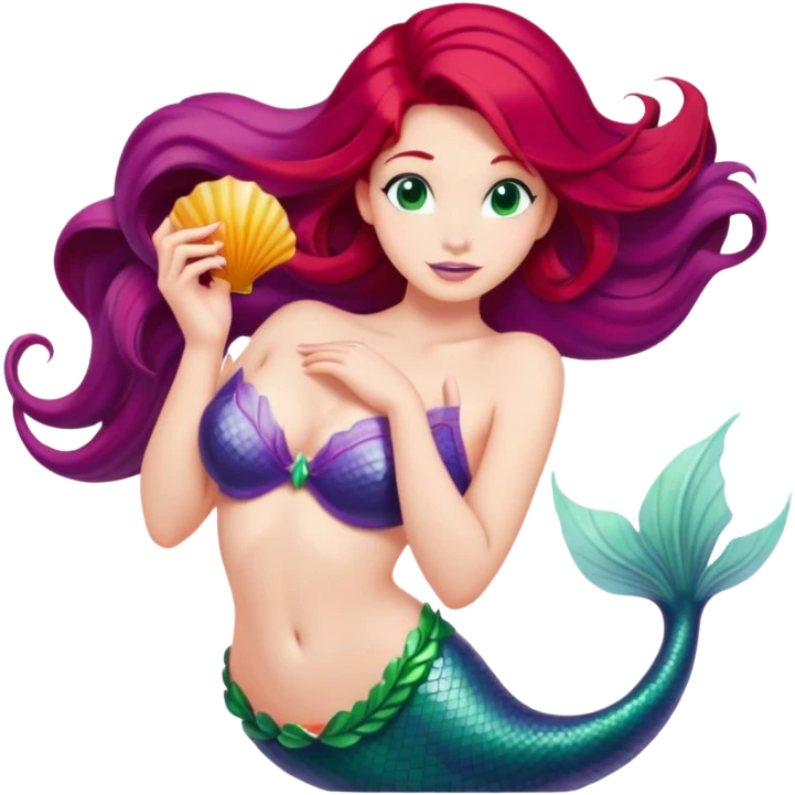 Ariel mermaid from waist up, distinct purple seashell bra, vibrant red hair, green tail hint, minimal style but very recognizable emoji