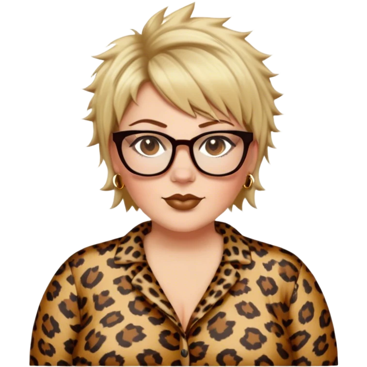  plus size white women dressed in leopard with short medium brown and blonde shaggy spiked hair wearing glasses with hazel color eyes and wide flat nose emoji