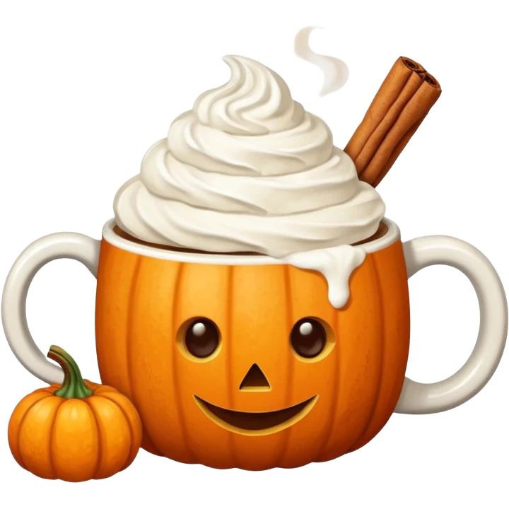 Steaming coffee Mug with whipped Cream and cinnamon Dust on Cream.  Small Punkin and 3 sticks of cinnamon next to mug emoji