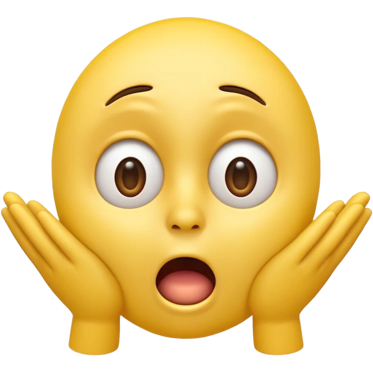 A 3D glossy yellow emoji of a shocked horrified face, with mouth and eyes are wide open, eyebrows  raised, and hands against their cheeks, face without nose, black background, high quality, soft studio lighting emoji