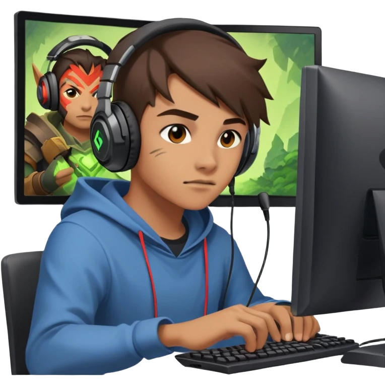gamer with headphones playing Dota 2, focused on computer screen emoji