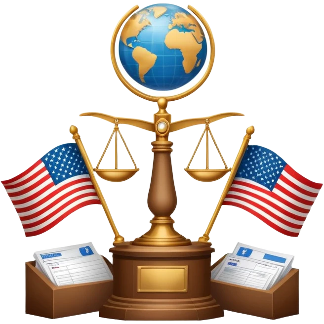 icon featuring podium with a speaker,russian and american flags, and voting ballots. The design includes a globe and scales of justice in the background, representing governance, global affairs, and political theory. Transparent background emphasizes civic engagement and policy. emoji