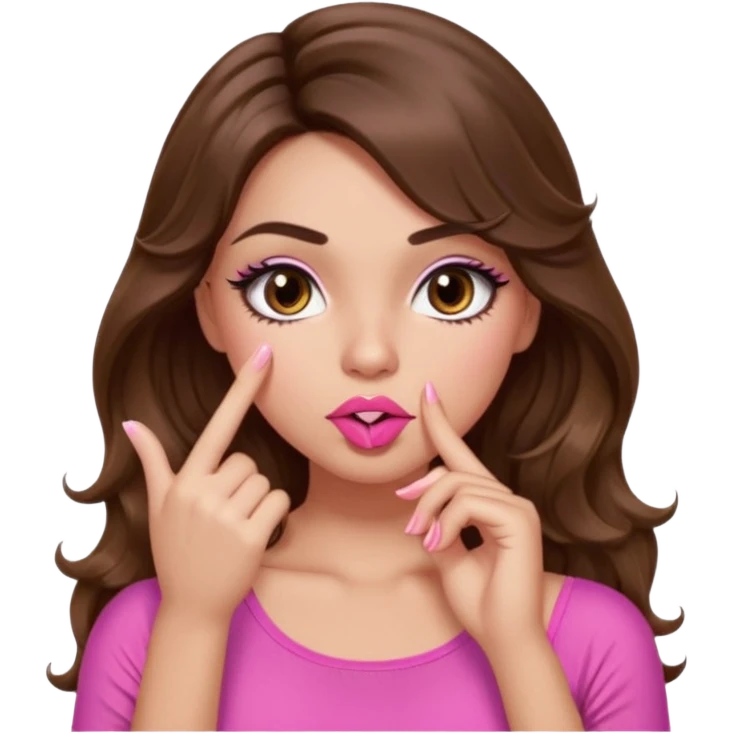 girl with long wavy brown hair, brown eyes, light to medium complexion, in a pink sexy top, pink puckered lips, long lashes, shushing emoji