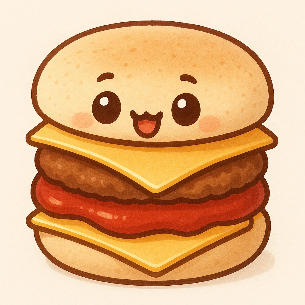 Recreate this exact cheeseburger as a cartoon emoji in chibi stickers style, keeping the English muffin bun, square cheese on top and bottom, patty, and ketchup, with the same quirky look. No text. emoji