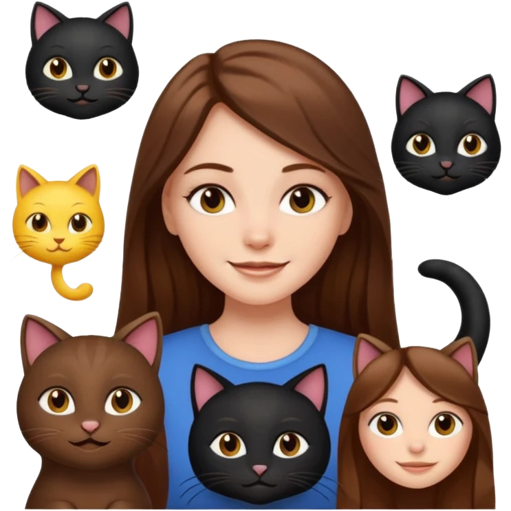 white girl with long brown hair, awake and smiling, cute, with two black cats, emoji style emoji