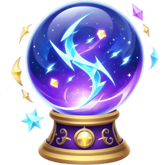 A mystical, glowing crystal ball with swirling sparkles and lightning bolts inside, with tarot cards spread out on the table around the ball, surrounded by zodiac signs and planets floating in space. Use bright purples, blues, and golds to create a magical, mysterious vibe. transparent background.  emoji