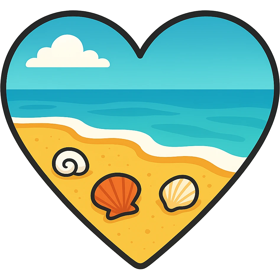 heart with a summer beach and seashells, clean digital illustration emoji