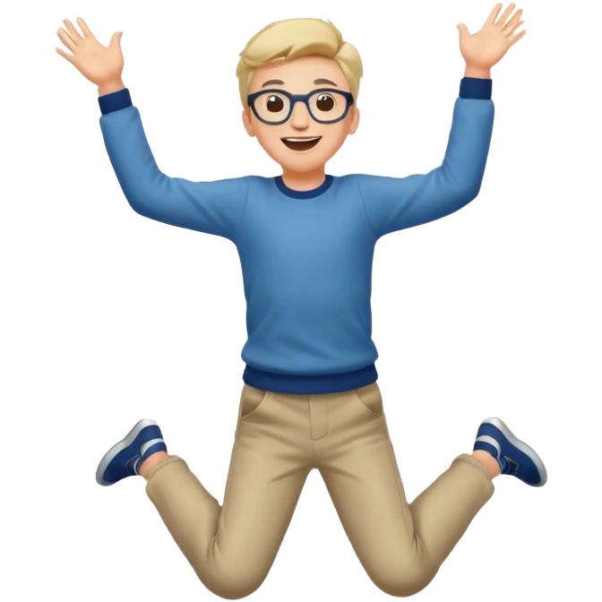 Very excited boy, jumping for joy, full body, eyes closed, wearing glasses emoji