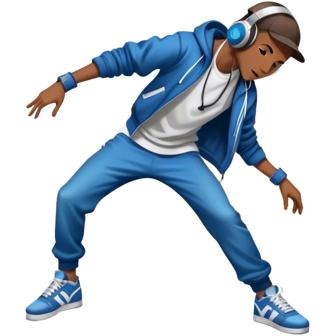Icon for Street Dance: a dancer in urban streetwear performing a dynamic lower breakdance move, with a spray-painted background, headphones, and a boombox on the asphalt. The icon should capture the energy, style, and creativity of street dance culture. Transparent background. emoji