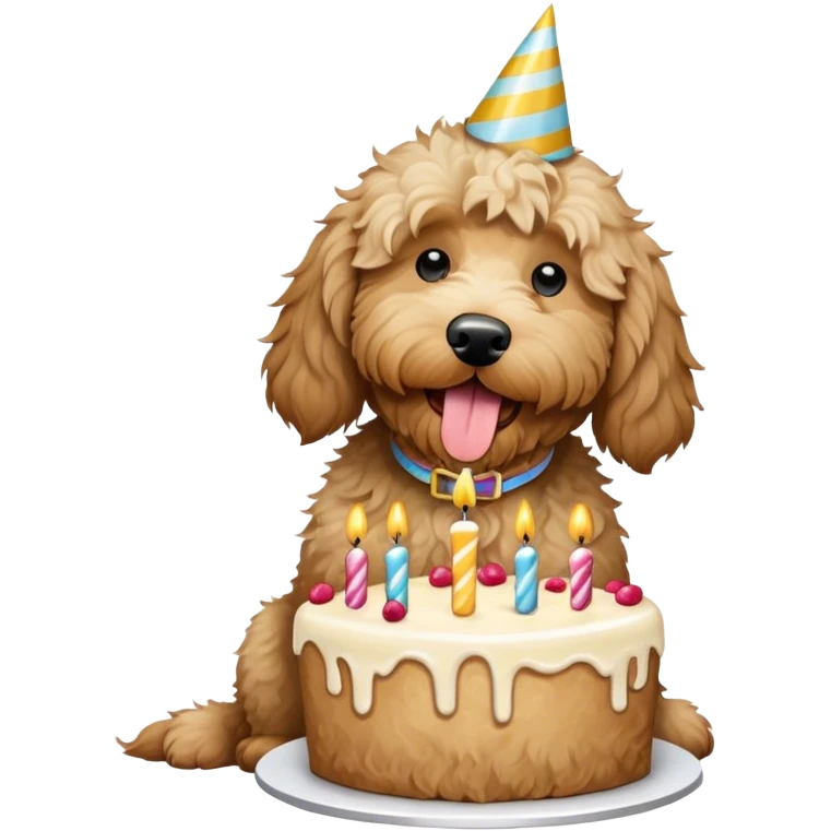 Shaggy large cream Goldendoodle eating birthday cake  emoji