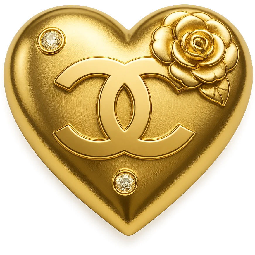 Chanel heart in metallic gold style with a camellia flower and diamond accents, glamorous emoji