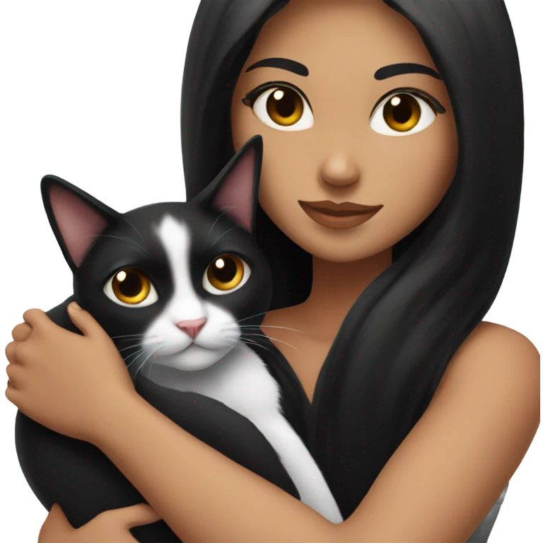 Tanned woman with long black hair hugging a black and white cat  emoji