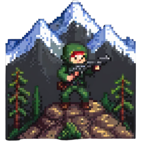 Small pixelated character with a gun shooting at a mountain with enemies emoji